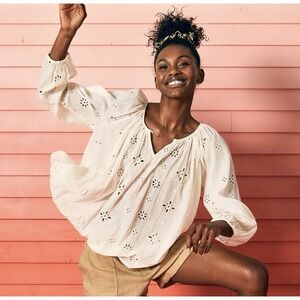 Aerie Oversized Eyelet Puff Sleeve Boho Peasant Top Women's Size Small Cream